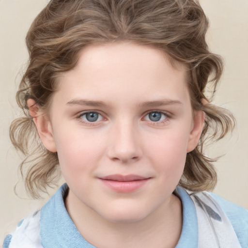 Joyful white child female with medium  brown hair and blue eyes