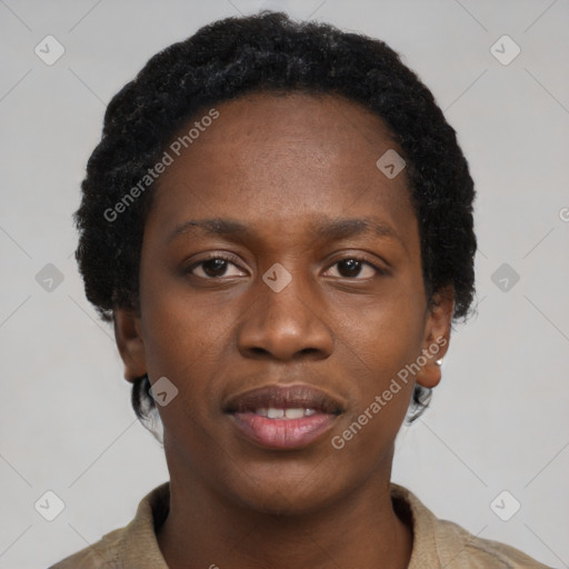 Neutral black young-adult female with short  black hair and brown eyes