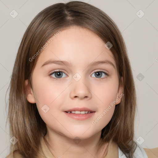 Joyful white child female with medium  brown hair and brown eyes