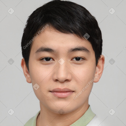 Neutral asian young-adult male with short  black hair and brown eyes