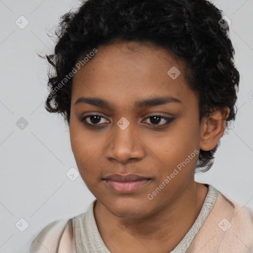 Neutral black young-adult female with short  black hair and brown eyes