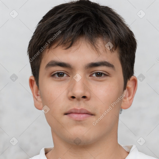 Neutral white young-adult male with short  brown hair and brown eyes