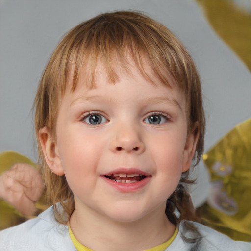 Joyful white child female with medium  brown hair and blue eyes