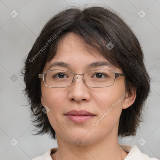 Joyful white adult female with medium  brown hair and brown eyes