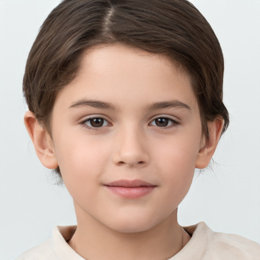 Joyful white child female with short  brown hair and brown eyes