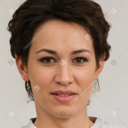 Joyful white adult female with short  brown hair and brown eyes