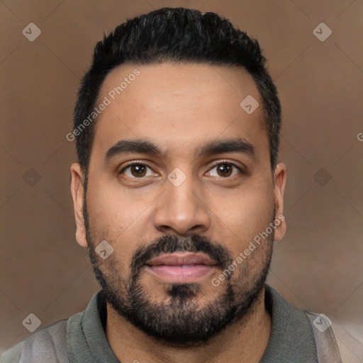 Neutral latino young-adult male with short  black hair and brown eyes