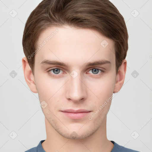 Neutral white young-adult male with short  brown hair and grey eyes