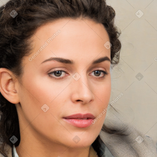 Neutral white young-adult female with long  brown hair and brown eyes