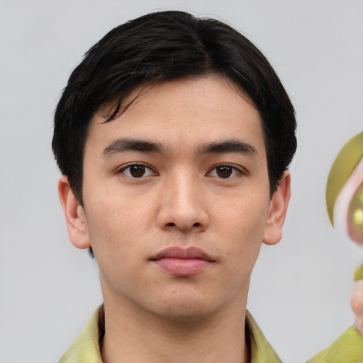 Neutral white young-adult male with short  black hair and brown eyes
