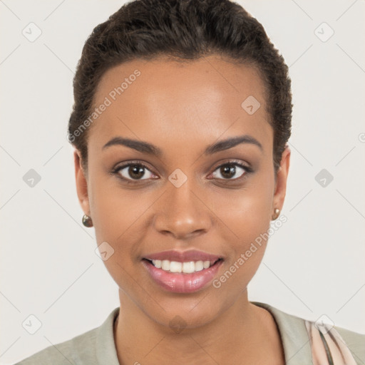 Joyful white young-adult female with short  brown hair and brown eyes