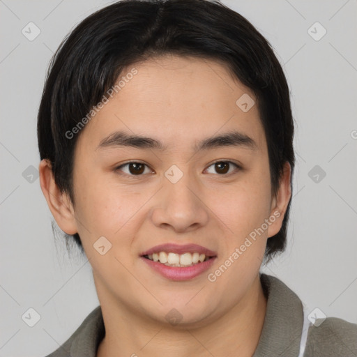 Joyful asian young-adult female with medium  brown hair and brown eyes