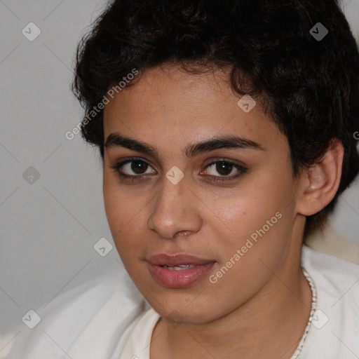 Joyful latino young-adult female with short  brown hair and brown eyes