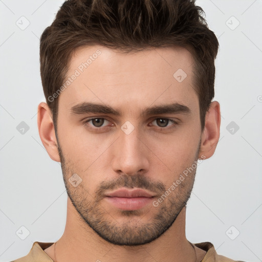 Neutral white young-adult male with short  brown hair and brown eyes