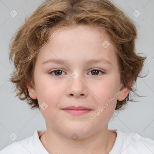 Joyful white child female with medium  brown hair and brown eyes