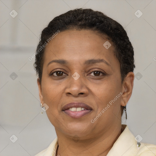 Joyful latino adult female with short  brown hair and brown eyes