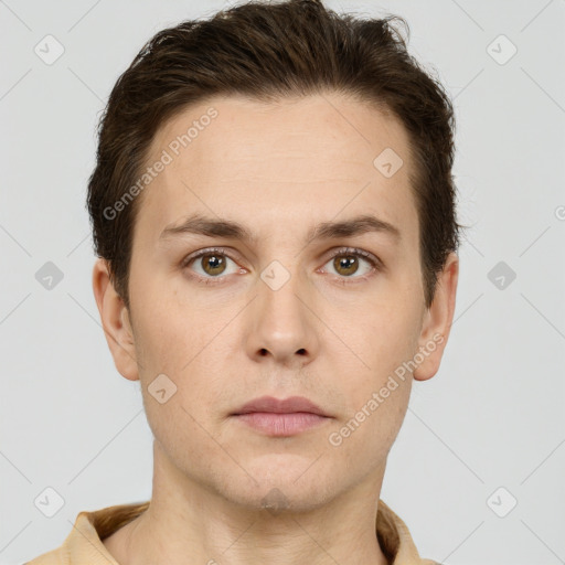 Neutral white young-adult male with short  brown hair and brown eyes