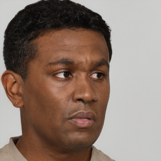 Neutral black young-adult male with short  brown hair and brown eyes