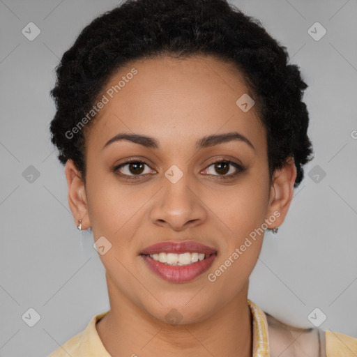 Joyful latino young-adult female with short  brown hair and brown eyes