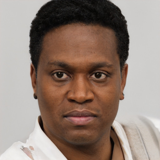 Joyful black young-adult male with short  black hair and brown eyes