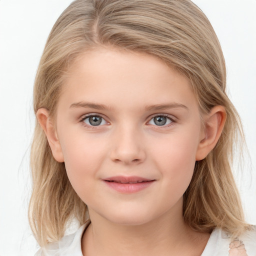 Joyful white child female with medium  brown hair and grey eyes