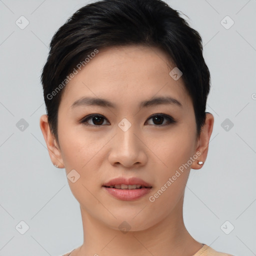 Joyful asian young-adult female with short  brown hair and brown eyes