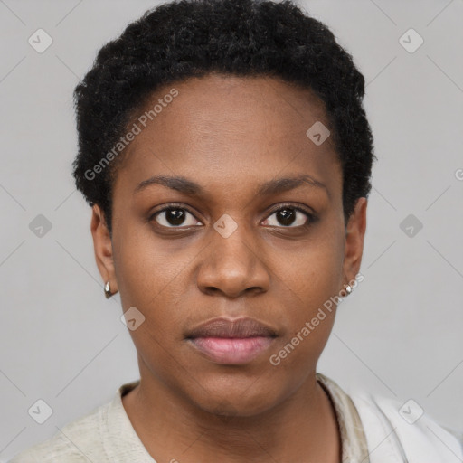 Neutral black young-adult female with short  black hair and brown eyes