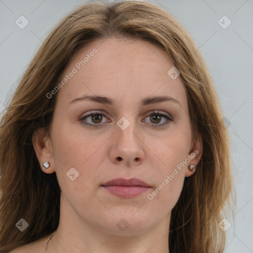 Joyful white young-adult female with long  brown hair and green eyes