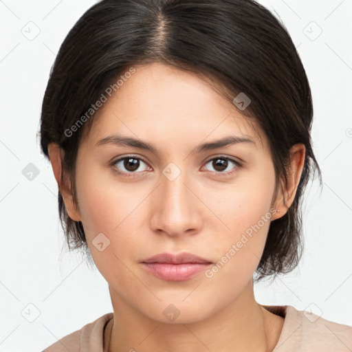 Neutral white young-adult female with medium  brown hair and brown eyes