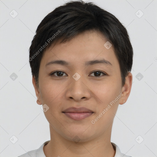 Joyful asian young-adult female with short  black hair and brown eyes