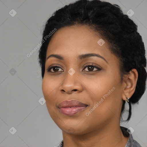 Joyful latino young-adult female with medium  black hair and brown eyes