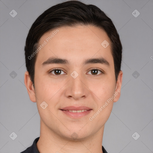 Joyful white young-adult male with short  brown hair and brown eyes