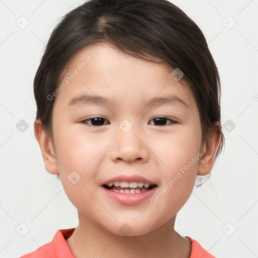 Joyful white child female with medium  brown hair and brown eyes