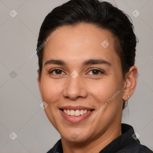 Joyful white young-adult female with short  brown hair and brown eyes