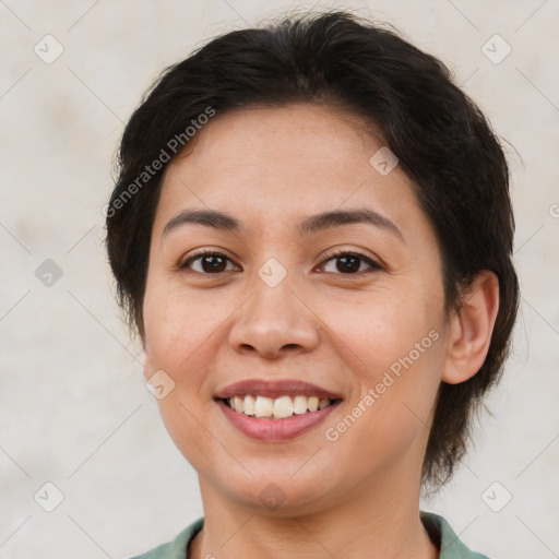 Joyful white young-adult female with medium  brown hair and brown eyes