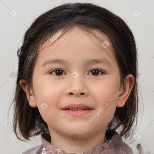 Joyful white child female with medium  brown hair and brown eyes