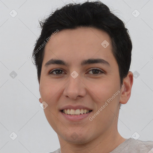 Joyful white young-adult female with short  brown hair and brown eyes