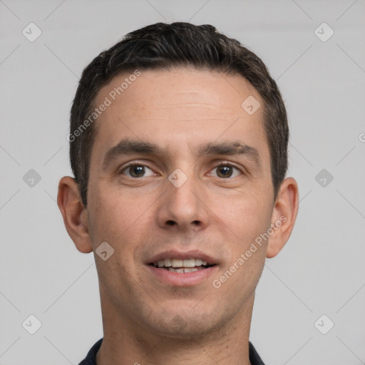 Joyful white young-adult male with short  brown hair and brown eyes