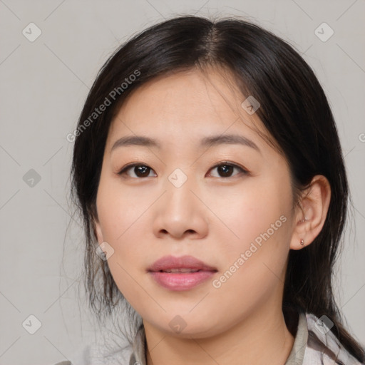 Neutral asian young-adult female with medium  brown hair and brown eyes