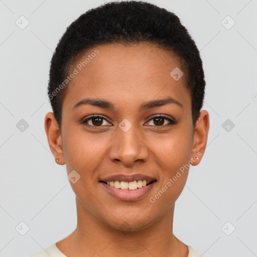 Joyful latino young-adult female with short  brown hair and brown eyes