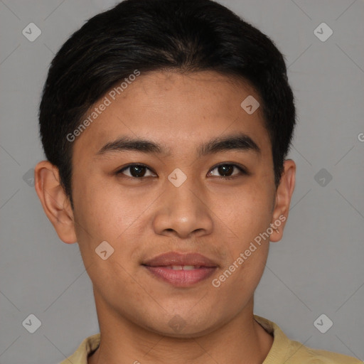 Joyful asian young-adult male with short  brown hair and brown eyes