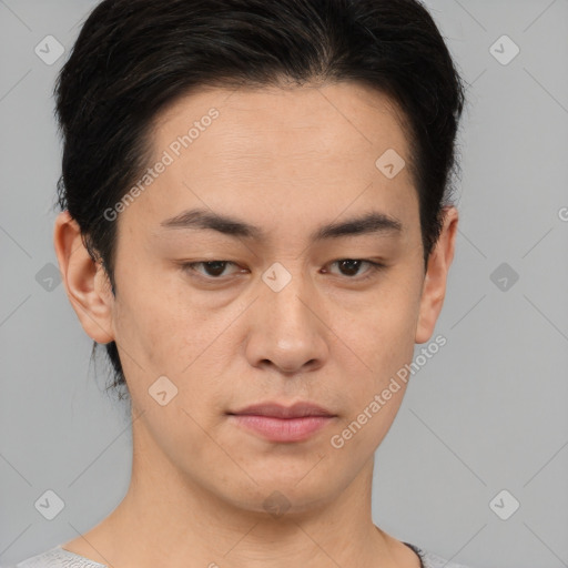 Neutral asian young-adult male with short  brown hair and brown eyes