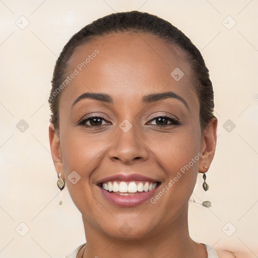 Joyful white young-adult female with short  brown hair and brown eyes