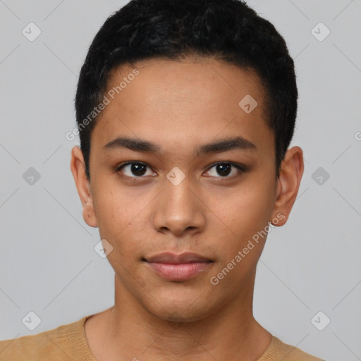 Neutral latino young-adult male with short  black hair and brown eyes