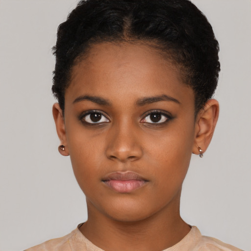 Neutral black young-adult female with short  brown hair and brown eyes