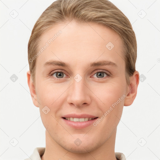 Joyful white young-adult female with short  brown hair and grey eyes