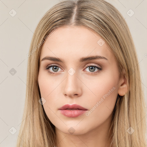 Neutral white young-adult female with long  brown hair and brown eyes