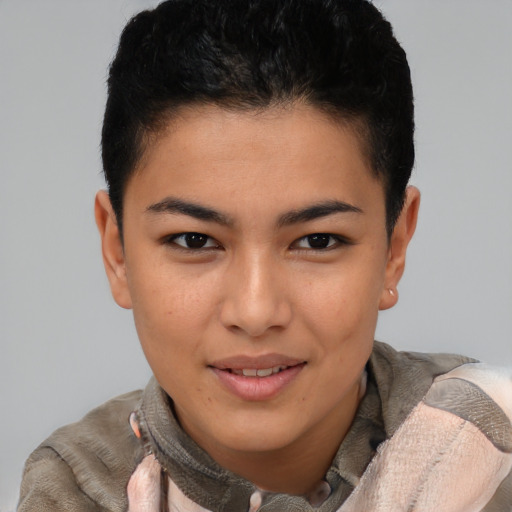 Joyful asian young-adult female with short  brown hair and brown eyes