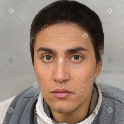 Neutral white young-adult male with short  brown hair and brown eyes