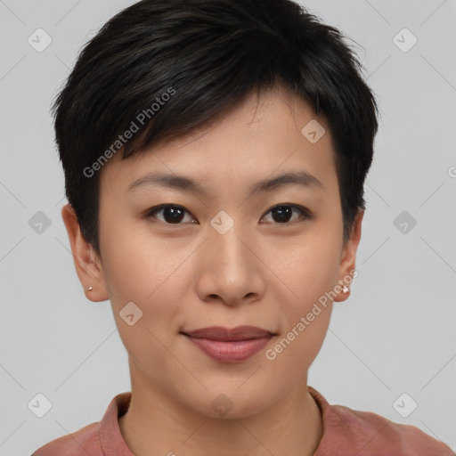 Joyful asian young-adult female with short  brown hair and brown eyes